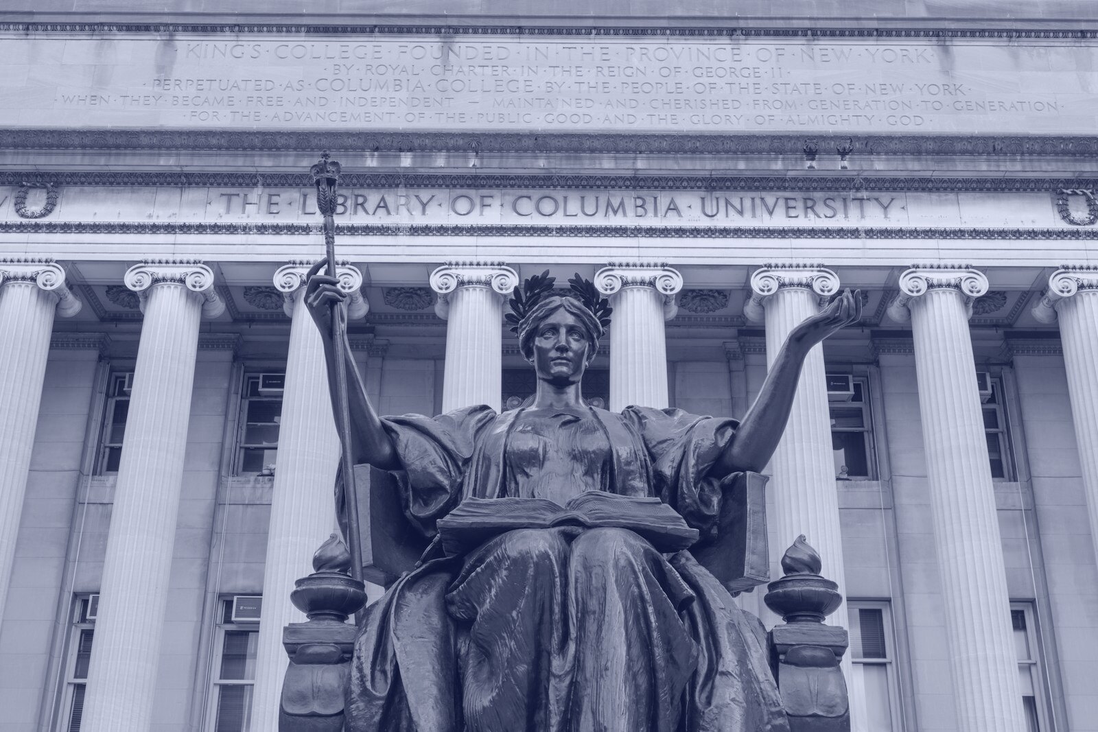 The Alma Mater bronze statue in front of the Low Memorial Library at Columbia University